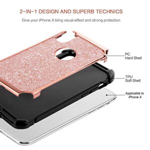 BENTOBEN iPhone X/10 Case, iPhone Xs (2018) Shockproof Glitter Sparkle Bling Girl Women 2 in 1 Shiny Faux Leather Hard PC Soft Bumper Protective Phone Cover for Apple iPhone X/XS 5.8", Rose Gold/Pink