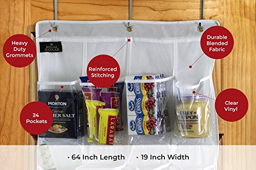 Regal Bazaar Over-The-Door Hanging White Pantry Organizer and Kitchen Storage Unit with 24 Crystal-Clear Vinyl Pockets and 3 Metal Hooks