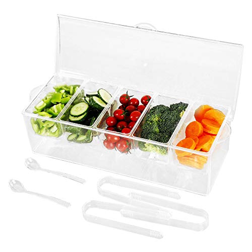 Tebery Large Clear Chilled Condiment Server with Lid and 5 Removable Compartments, Bar Garnish Holder Garnish Tray Salad Platter