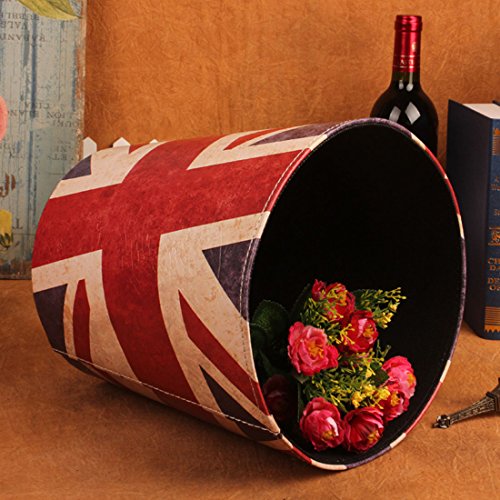 Fcoson Paper Wastebasket Without Lid Round PU Leather Trash Can Creative Retro European Style Garbage Bin Recycle Dustbin for Pub Office Hotel Bedroom Bathroom - Flag Pattern