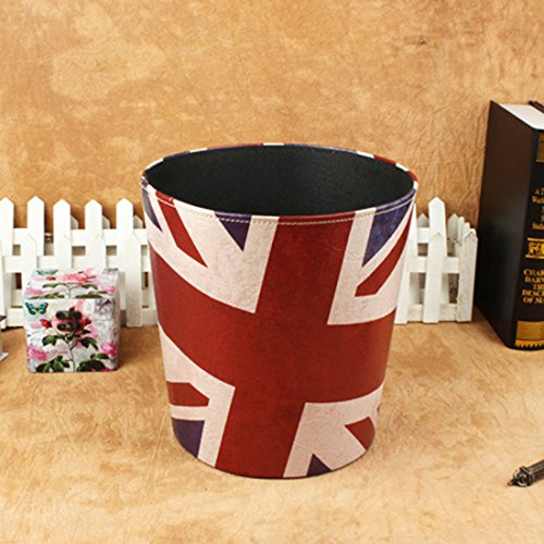 Fcoson Paper Wastebasket Without Lid Round PU Leather Trash Can Creative Retro European Style Garbage Bin Recycle Dustbin for Pub Office Hotel Bedroom Bathroom - Flag Pattern