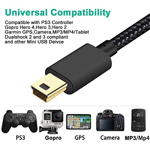 SCOVEE Mini USB Cable Braided 6ft Type A Male to Mini B Cable Data Charging Cord for GoPro Hero 3+,Sony PS3 Controller Cord,MP3 Player,Garmin Nuvi,Dash Cam,Canon PowerShot Rebel ELPH Camera Charger