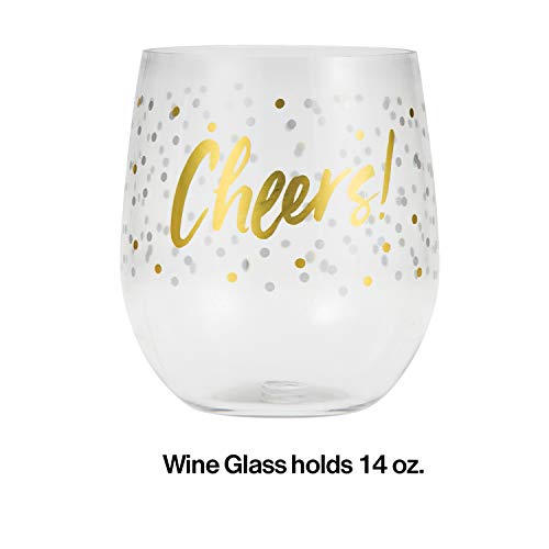 Elise Plastic 14-Ounce Stemless Wine Glass Tumblers, 1 Count (Pack of 1), Cheers