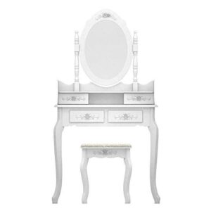 White Vanity Jewelry Makeup Dressing Table Set W/Stool 4 Drawer Mirror Wood Desk