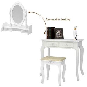 White Vanity Jewelry Makeup Dressing Table Set W/Stool 4 Drawer Mirror Wood Desk