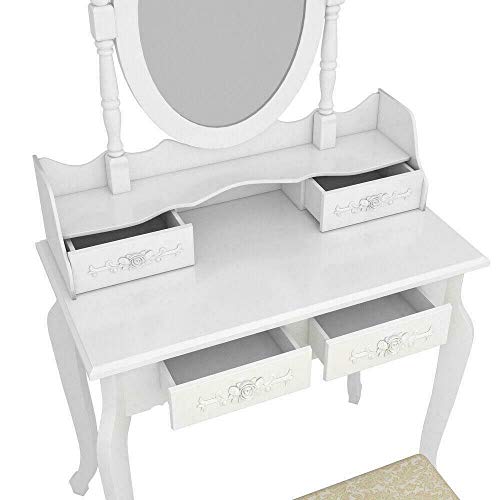 White Vanity Jewelry Makeup Dressing Table Set W/Stool 4 Drawer Mirror Wood Desk