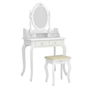 White Vanity Jewelry Makeup Dressing Table Set W/Stool 4 Drawer Mirror Wood Desk