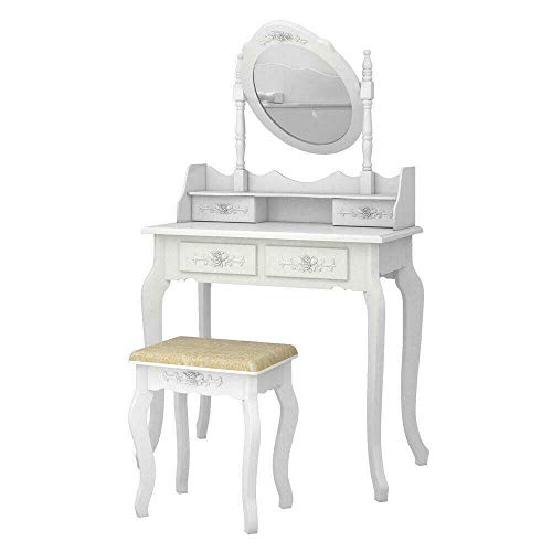 White Vanity Jewelry Makeup Dressing Table Set W/Stool 4 Drawer Mirror Wood Desk