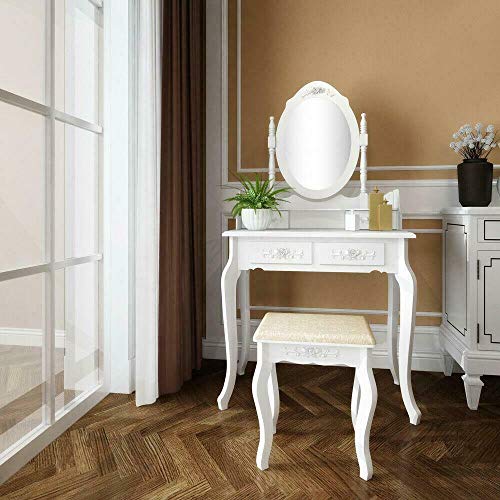 White Vanity Jewelry Makeup Dressing Table Set W/Stool 4 Drawer Mirror Wood Desk