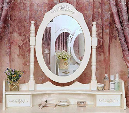 White Vanity Jewelry Makeup Dressing Table Set W/Stool 4 Drawer Mirror Wood Desk