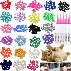 victhy 100pcs cat nail caps, cat claw caps covers with glue and applicators size medium 5 colors, 20 pcs/color