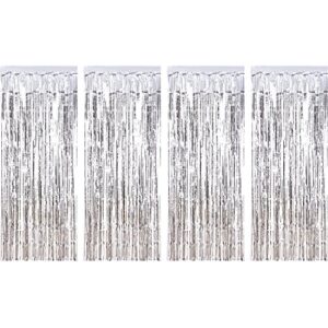 4 pack foil curtains metallic fringe curtains shimmer curtain for birthday wedding disco party decorations (silver)