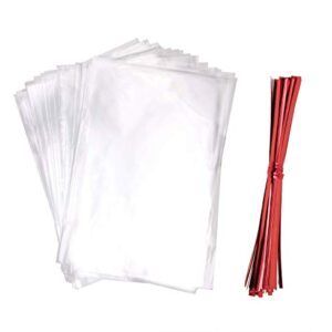 Mini Skater 5 x 7 Inch Clear Flat OPP Cello Cellophane Treat Bags With 100Pcs Red Twist Ties For Wedding Gift Candy Cookie Bakery Bread Dessert, 100Pcs