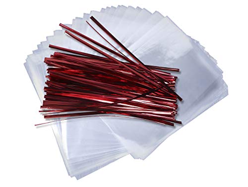 Mini Skater 5 x 7 Inch Clear Flat OPP Cello Cellophane Treat Bags With 100Pcs Red Twist Ties For Wedding Gift Candy Cookie Bakery Bread Dessert, 100Pcs