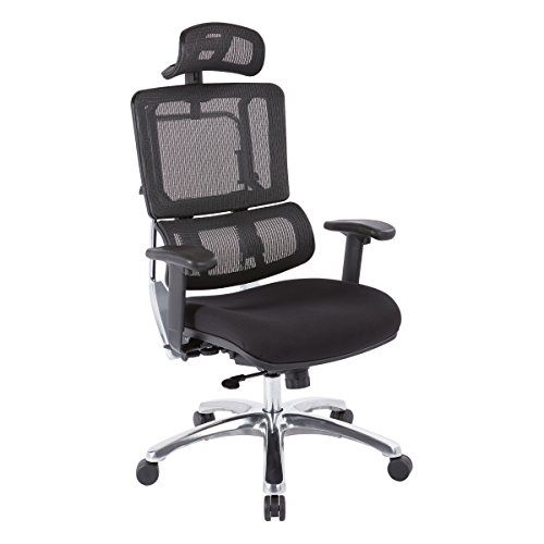 Office Star Pro X996 Fully Adjustable Manager's Office Chair with Lumbar Support, Black Mesh Back, Polished Aluminum Base and Coal FreeFlex Black Seat with Headrest