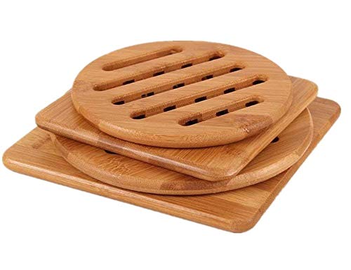 Alfto Hot Pads Trivet,Table Solid Bamboo Wood Trivets for Hot Dishes and Pot with Non-slip Pads Heat Resistant Pads Teapot Trivet 4pcs(Multi Size,2 Square 2 Round)