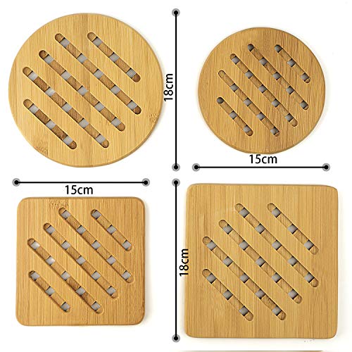 Alfto Hot Pads Trivet,Table Solid Bamboo Wood Trivets for Hot Dishes and Pot with Non-slip Pads Heat Resistant Pads Teapot Trivet 4pcs(Multi Size,2 Square 2 Round)