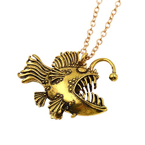 wanmanee Scary Lantern Fish Shaped Pendant Necklace Metal Punk Gothic Men Angler Jewelry