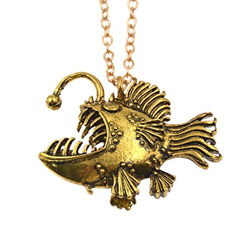 wanmanee Scary Lantern Fish Shaped Pendant Necklace Metal Punk Gothic Men Angler Jewelry