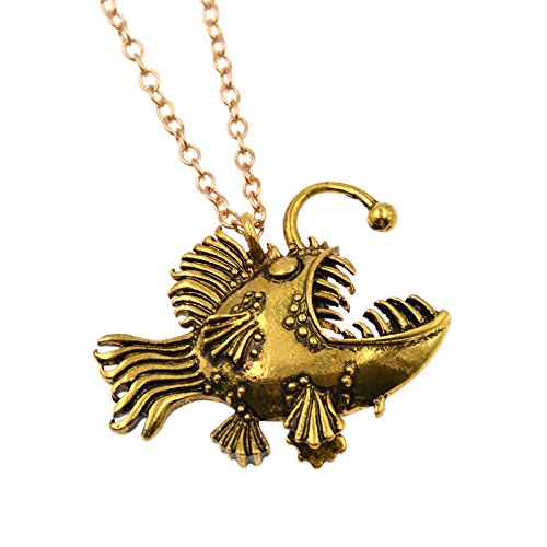 wanmanee Scary Lantern Fish Shaped Pendant Necklace Metal Punk Gothic Men Angler Jewelry