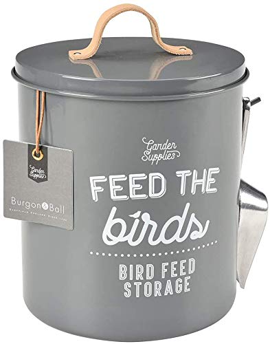 Burgon & Ball Bird Food Storage Container Tin Charcoal Grey with Scoop and Leather Handle