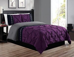 grand linen 3 piece full size dark purple/grey/black double-needle stitch puckered pinch pleat all-season bedding-down alternative embroidered comforter set