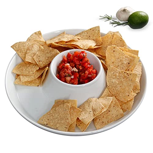 Kook Ceramic Chip & Dip Platter, Large Serving Dish, Round Tray for Snacks and Appetizers, with Bowl for Guacamole, Hummus, Dishwasher Safe, 13 inch, White