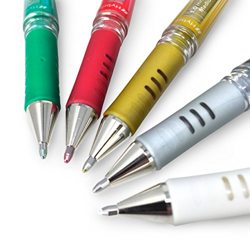 Pentel Hybrid Gel Grip Metallic Pen – 1.0mm Rollerball – Green, Gold, Red, Silver and White - Set of 5 - K230