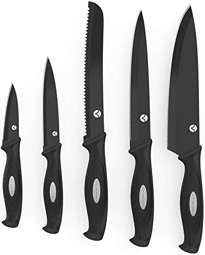 Vremi 10 Piece Black Knife Set - 5 Kitchen Knives with 5 Knife Sheath Covers - Chef Knife Sets with Carving Serrated Utility Chef's and Paring Knives - Magnetic Knife Set with Matching Black Case