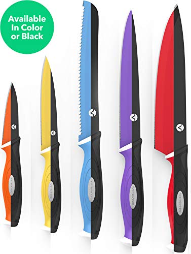 Vremi 10 Piece Black Knife Set - 5 Kitchen Knives with 5 Knife Sheath Covers - Chef Knife Sets with Carving Serrated Utility Chef's and Paring Knives - Magnetic Knife Set with Matching Black Case