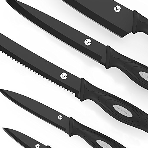 Vremi 10 Piece Black Knife Set - 5 Kitchen Knives with 5 Knife Sheath Covers - Chef Knife Sets with Carving Serrated Utility Chef's and Paring Knives - Magnetic Knife Set with Matching Black Case