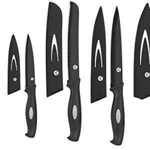 Vremi 10 Piece Black Knife Set - 5 Kitchen Knives with 5 Knife Sheath Covers - Chef Knife Sets with Carving Serrated Utility Chef's and Paring Knives - Magnetic Knife Set with Matching Black Case