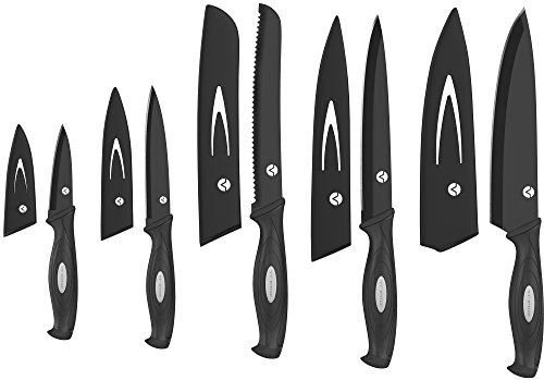 Vremi 10 Piece Black Knife Set - 5 Kitchen Knives with 5 Knife Sheath Covers - Chef Knife Sets with Carving Serrated Utility Chef's and Paring Knives - Magnetic Knife Set with Matching Black Case