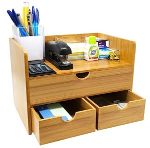 sorbus desk organizer - 3-tier tabletop bamboo desk organizers and accessories – mini desktop & countertop organization and storage with drawers & shelf for office, makeup vanity, no assembly required
