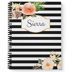 classic floral personalized notebook/journal, laminated soft cover, 120 pages of your selected paper, lay flat wire-o spiral. size: 8.5” x 11”. made in the usa