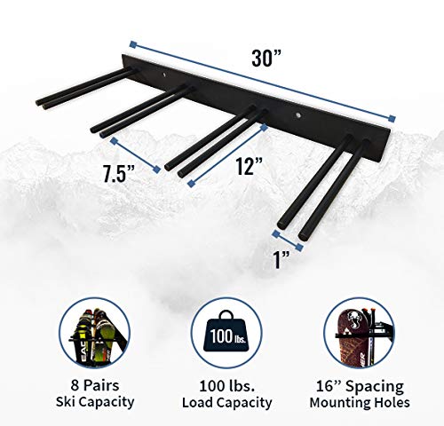 StoreYourBoard Ski Wall Storage Rack, Holds 8 Pairs, Steel Home and Garage Skis Mount