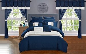 chic home vixen 24 piece comforter set color block quilted embroidered complete bag sheets bed skirt decorative pillows shams window treatments curtains included, queen, navy