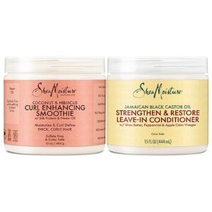 shea moisture coconut and hibiscus curl enhancing smoothie bundled with shea moisture jamaican black castor oil strengthen, grow & restore leave-in conditioner, family size (2 pack - 15 oz ea)