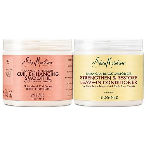 Shea Moisture Coconut and Hibiscus Curl Enhancing Smoothie Bundled with Shea Moisture Jamaican Black Castor Oil Strengthen, Grow & Restore Leave-In Conditioner, Family Size (2 Pack - 15 Oz Ea)