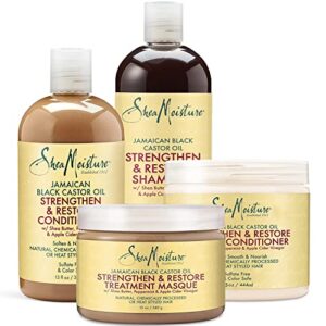 shea moisture strengthen grow & restore combo bundle, includes - 16 ounce jamaican black castor oil shampoo | 16 ounce leave-in conditioner | 13 ounce conditioner | 12 ounce treatment masque