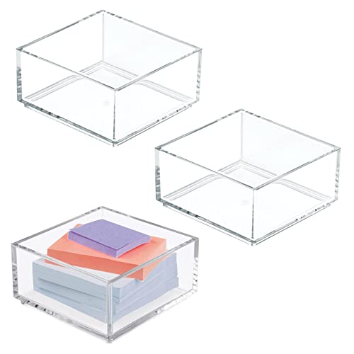 mDesign Plastic Square Desk Organizer - Create Section for Home Office Drawers, Desktop - Holds Pens, Paper Clips, Notebooks and other Office Supply Accessory - Lumiere Collection - 3 Pack, Clear