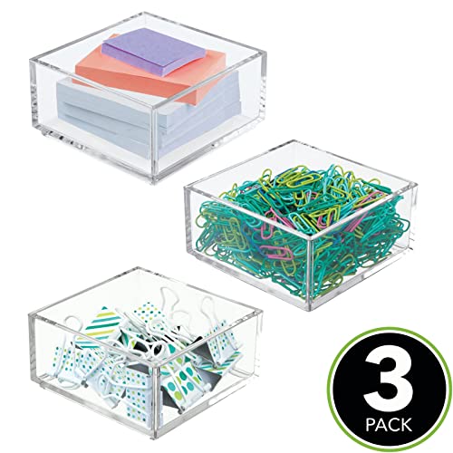 mDesign Plastic Square Desk Organizer - Create Section for Home Office Drawers, Desktop - Holds Pens, Paper Clips, Notebooks and other Office Supply Accessory - Lumiere Collection - 3 Pack, Clear