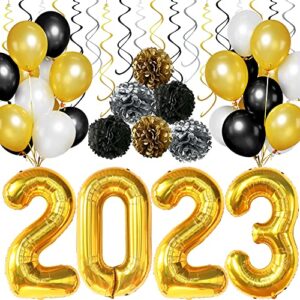 katchon, graduation balloons 2023 set - big 40 inch, pack of 43 | gold 2023 balloons graduation, pompoms and hanging swirls | black and gold graduation party decorations 2023, prom decorations 2023