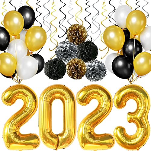 KatchOn, Graduation Balloons 2023 Set - Big 40 Inch, Pack of 43 | Gold 2023 Balloons Graduation, Pompoms and Hanging Swirls | Black and Gold Graduation Party Decorations 2023, Prom Decorations 2023