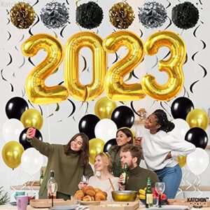 KatchOn, Graduation Balloons 2023 Set - Big 40 Inch, Pack of 43 | Gold 2023 Balloons Graduation, Pompoms and Hanging Swirls | Black and Gold Graduation Party Decorations 2023, Prom Decorations 2023