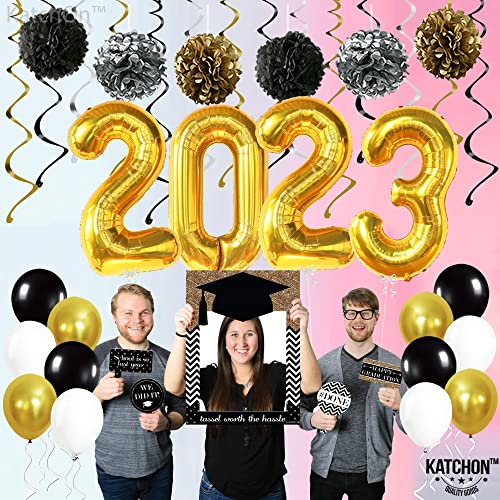 KatchOn, Graduation Balloons 2023 Set - Big 40 Inch, Pack of 43 | Gold 2023 Balloons Graduation, Pompoms and Hanging Swirls | Black and Gold Graduation Party Decorations 2023, Prom Decorations 2023