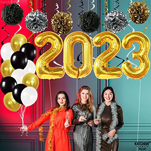 KatchOn, Graduation Balloons 2023 Set - Big 40 Inch, Pack of 43 | Gold 2023 Balloons Graduation, Pompoms and Hanging Swirls | Black and Gold Graduation Party Decorations 2023, Prom Decorations 2023