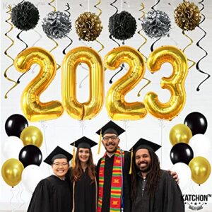 KatchOn, Graduation Balloons 2023 Set - Big 40 Inch, Pack of 43 | Gold 2023 Balloons Graduation, Pompoms and Hanging Swirls | Black and Gold Graduation Party Decorations 2023, Prom Decorations 2023