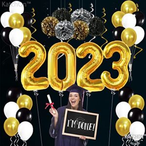 KatchOn, Graduation Balloons 2023 Set - Big 40 Inch, Pack of 43 | Gold 2023 Balloons Graduation, Pompoms and Hanging Swirls | Black and Gold Graduation Party Decorations 2023, Prom Decorations 2023