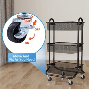 DESIGNA 3-Tier Rolling Utility Cart Storage Shelves Multifunction, Metal Mesh Baskets, Pantry Cart with Lockable Wheels, Black